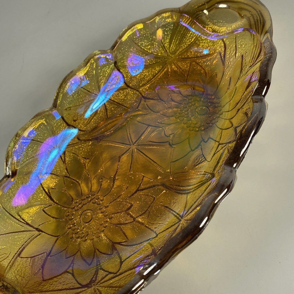 Indiana Carnival Glass Marigold Sunflower Oval Handled Dish Amber Candy Bowl